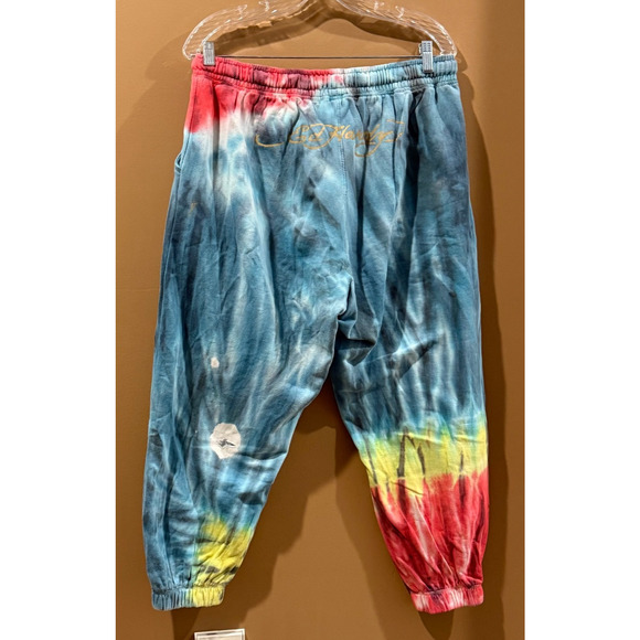 Vintage ED HARDY Skull Dagger Blue Yellow Red Tie Dye Jogger Pants Size XL RARE - Picture 2 of 7